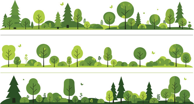 Set of horizontal nature borders featuring stylized green trees bushes and forest elements for landscape design isolated vector illustration