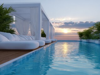 Luxurious outdoor pool area with white lounge beds, surrounded by tropical plants, reflecting sunset colors in water, creating a serene and inviting atmosphere for relaxation