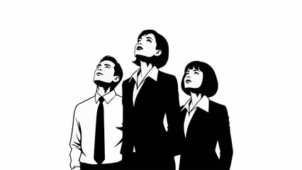 Three business professionals looking up together with determination.