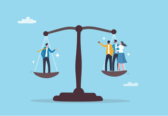 Full time or contractor decision, worker or employee equality, salary or wages pay check, responsibility, staff capability judgement, efficiency concept, business people balance on scale.