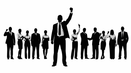 Silhouette of a confident businessman raising his fist in victory surrounded by his team.