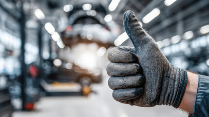 Worker wearing black protective glove giving thumbs up gesture in a bright automotive repair workshop with a vehicle lifted on a hydraulic hoist in the background