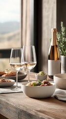 Gourmet meal served in bowls on a wooden table with wine glasses and a beverage bottle, reflecting refined dining.