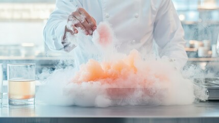 Chef creating smoke effect with food and liquid nitrogen in a modern kitchen