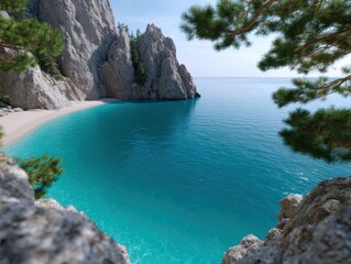 Serene coastal landscape featuring turquoise waters, rocky cliffs, and lush greenery, creating a tranquil atmosphere ideal for relaxation and nature appreciation