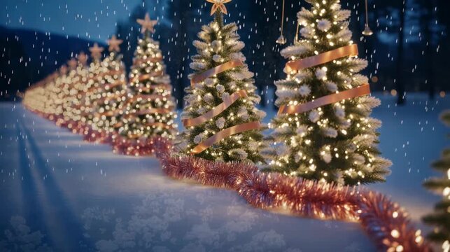 Sparkling christmas trees decorated with golden lights and ribbons in a snowy winter landscape with festive tinsel decorations, 4k video