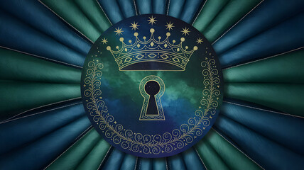 Blue and green circular with crown and key symbol surrounded by stars and floral patterns