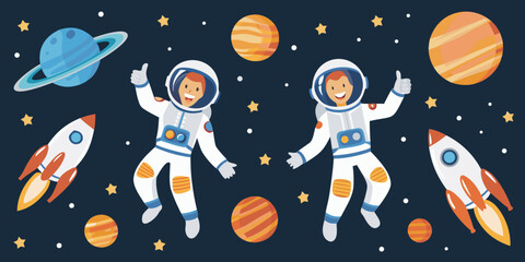 Astronauts explore space among planets rockets and twinkling stars © Rathin