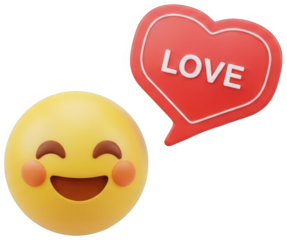 Smiling yellow emoji with rosy cheeks and a red speech bubble containing the word love