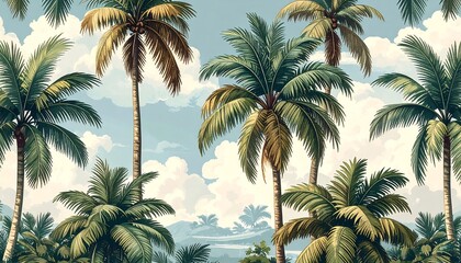 Tropical palm trees against a light blue sky with fluffy clouds