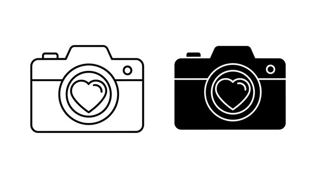 Black and white camera icons featuring heart lens, outline and solid