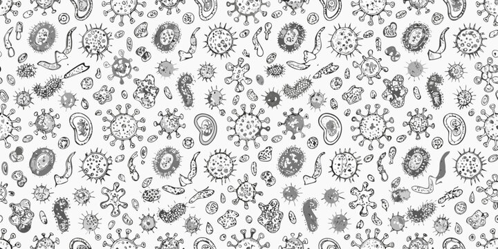 A dense collection of hand drawn virus and bacteria illustrations in monochrome