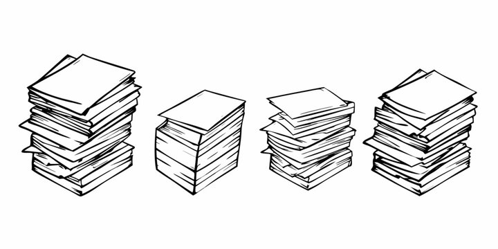 Sketch illustration of several stacks of papers or documents in black and white