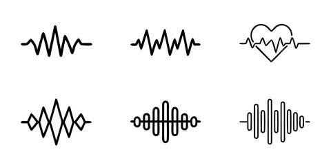 Simple black and white illustrations of various heartbeat and sound wave designs