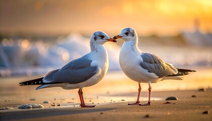 Obraz premium Two seagulls facing each other at sunrise