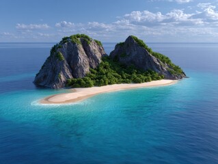Tropical island with lush greenery and rocky cliffs surrounded by crystal-clear turquoise waters, featuring a serene sandy beach and vibrant coastal scenery