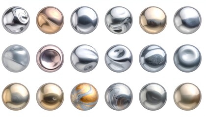 18 reflective spheres with varying metallic surfaces and swirling patterns, isolated