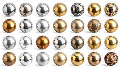 Rows of spherical orbs with diverse metallic and textured surfaces in varied colors