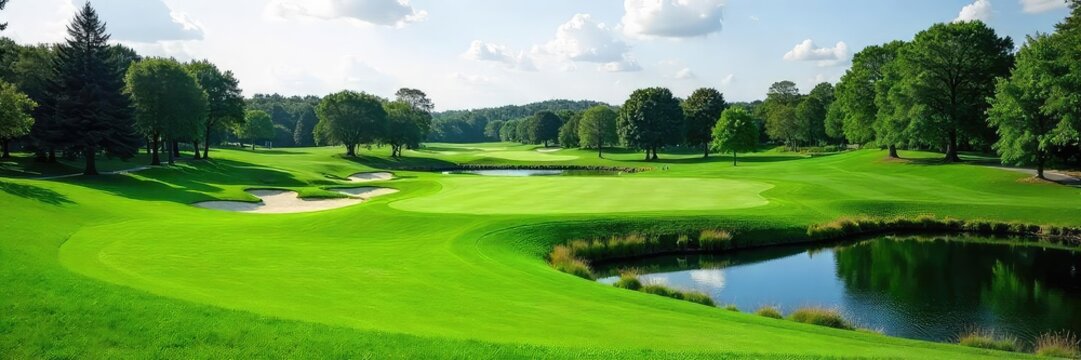 A challenging golf course with lush green fairways, strategically placed bunkers, and water hazards, offering a breathtaking view from the tee ,  nature,  caddy
