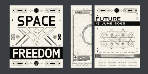 Futuristic space exploration posters with geometric designs and bold typography