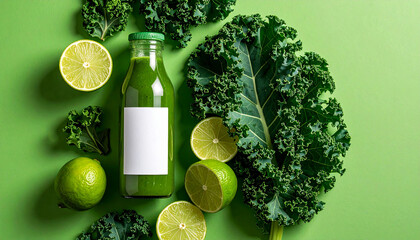 Green Kale Juice Bottle with Lime and Kale Leaves on Green Background green drink healthy