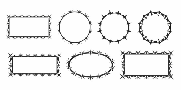Black and white illustration of various geometric frames with barbed wire