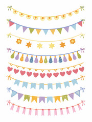 Colorful party decorations with various flag and star garland designs isolated on white