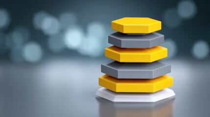 Colorful stacked hexagonal shapes with a blurred background, representing creativity, design concepts, and modern aesthetics in a digital environment