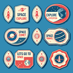 Collection of vintage space exploration badges with rockets planets and comets