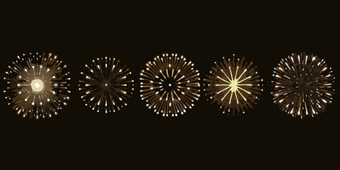 A sequence of golden fireworks exploding against a dark black background