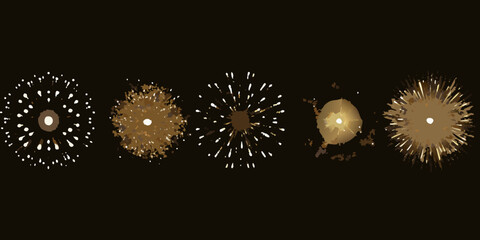 A series of golden fireworks bursts against a dark black background