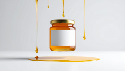 Honey Jar with Dripping Golden Liquid on a Clean White Background amber glass