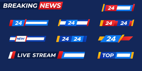 Collection of colorful news broadcast lower third graphics and live stream indicators