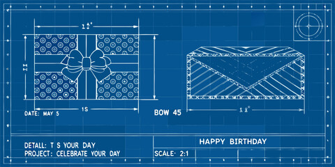 Blueprint style illustration of a gift box and envelope with birthday message