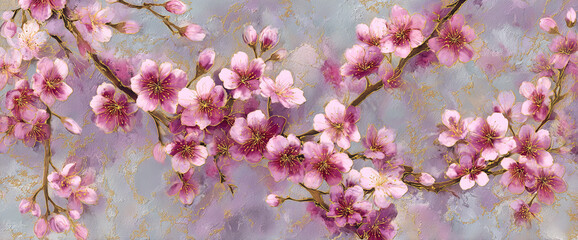 Cherry blossom embossed wallpaper repeat, matte finish with watercolor shading and subtle gold foil trim, high-resolution 32k