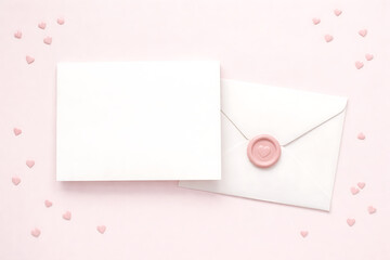 Romantic blank card and envelope with pink heart seal on soft pastel background