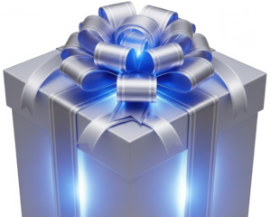 Silver and blue gift box with glowing light and ribbon