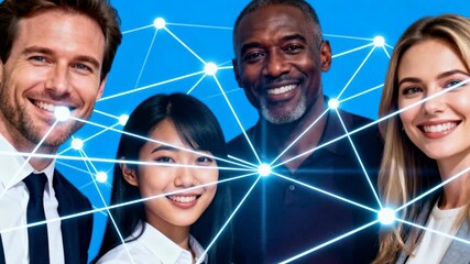 smiling diverse business team connected by glowing digital network lines symbolizing global communication and modern collaboration, 4k video - Powered by Adobe