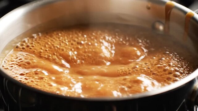Close up of boiling liquid in a stainless steel pot depicting bubbles steam and cooking process