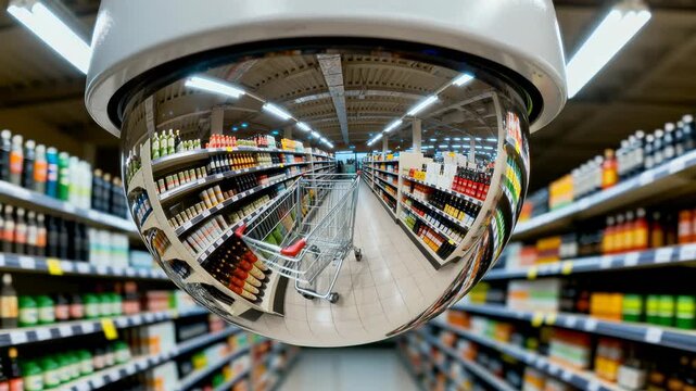 Security mirror reflecting supermarket aisles with shopping cart under surveillance in brightly lit grocery retail environment, 4k video