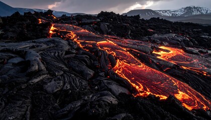 Molten lava flows over volcanic terrain