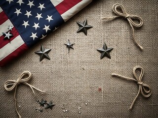 American Flag with Stars and Twine on Burlap Background