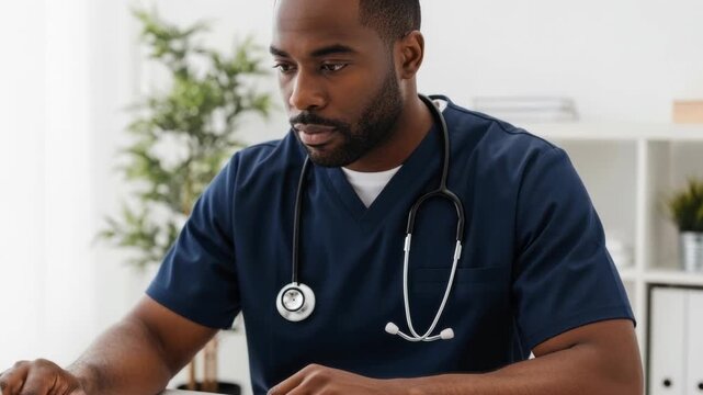Focused healthcare professional in blue scrubs working on laptop with medical textbooks and stethoscope in modern clinical workspace, 4k video