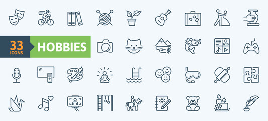 Hobby outline icons collection. Traveling, cooking, dancing, video game, photography, blogging, fishing, knitting, reading sign set.
