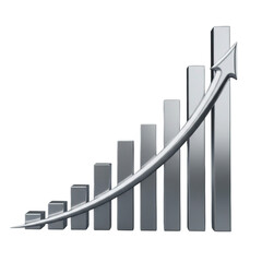 Growing bar chart with arrow showing progress isolated on transparent background for business growth and success
