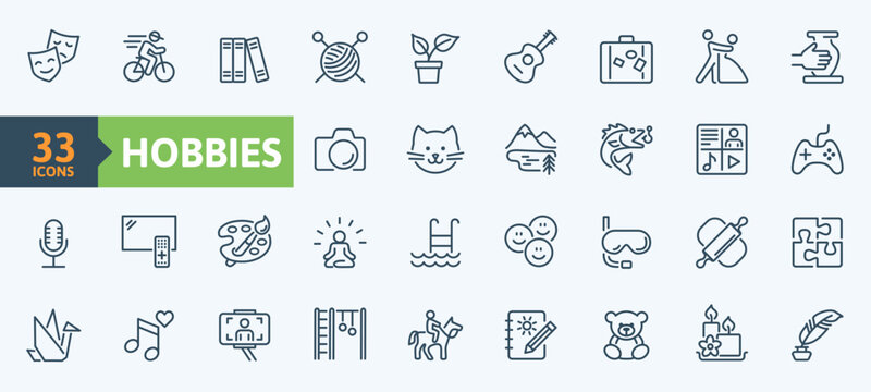 Hobby outline icons collection. Traveling, cooking, dancing, video game, photography, blogging, fishing, knitting, reading sign set.