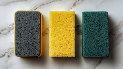 Three colorful rectangular kitchen sponges lined up neatly on a marble countertop surface for household cleaning tasks and dishwashing use