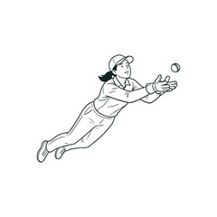 Female cricket player diving catch action sportswoman fielding airborne professional athlete line art illustration isolated on white background