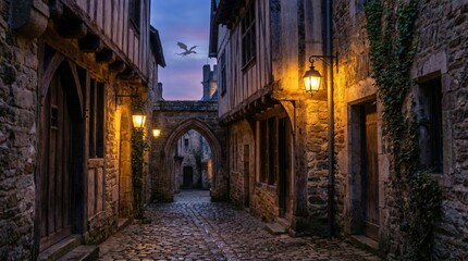 Dragon Flying Over Ancient Medieval Cobblestone Street at Twilight
