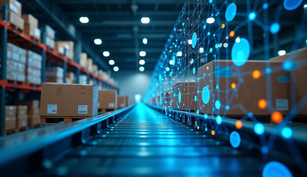 Smart warehouse with artificial intelligence that displays cardboard boxes on an automated conveyor system. - Powered by Adobe